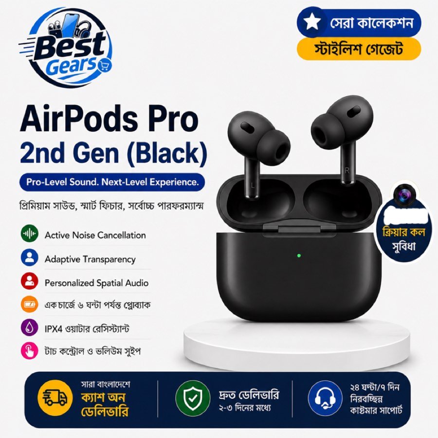 AirPods Pro 2nd Gen Wireless Bluetooth Earbuds with ANC & MagSafe Charging Case (Black)