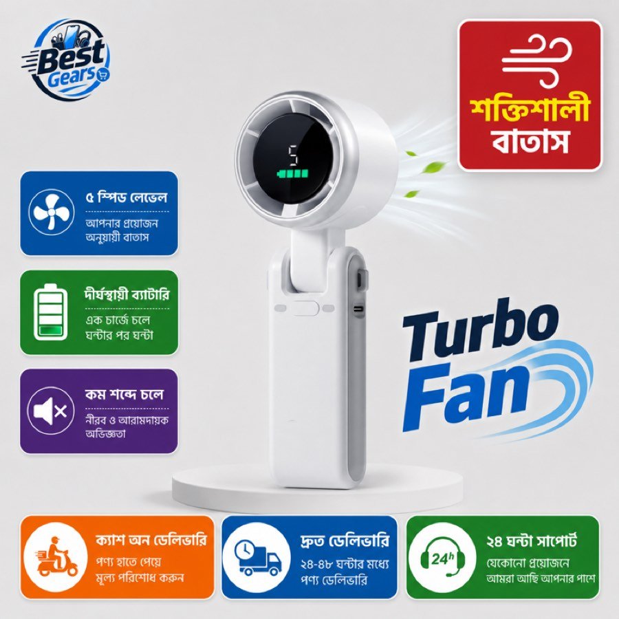 Portable High-Speed Turbo Fan with Rechargeable Battery & 5-Speed Airflow