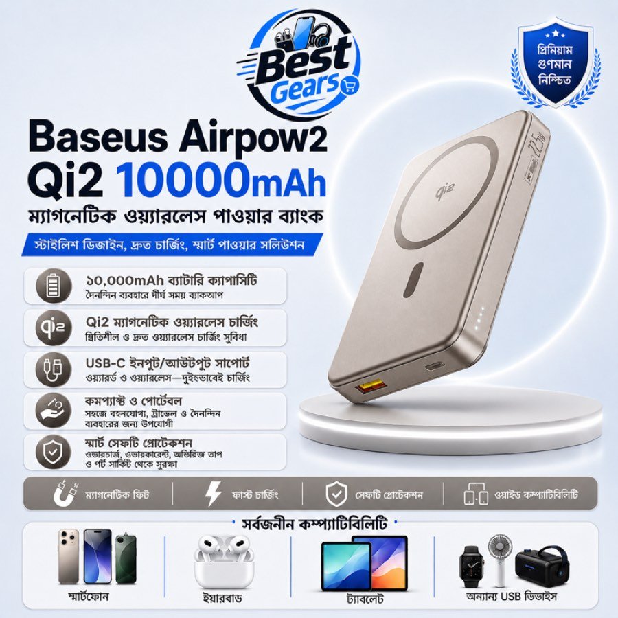 Baseus Airpow2 Qi2 10000mAh Magnetic Wireless Power Bank 22.5W Fast Charging Portable Charger
