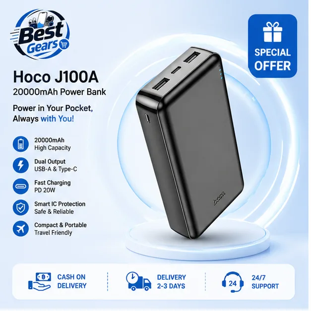 HOCO J100A 20000mAh Mega Capacity Power Bank – Reliable Dual USB Charging Solution