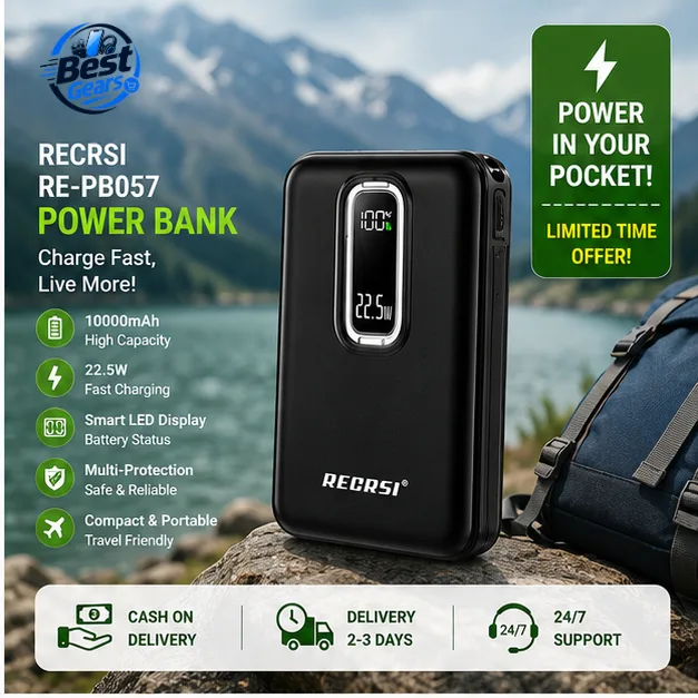 Recrsi RE-PB057 10000mAh Wireless Fast Charging Power Bank with LED Digital Display & Multi-Device Charging Support