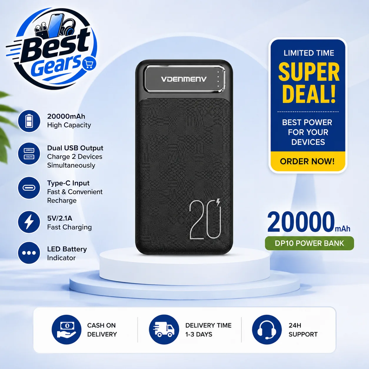 VDENMENV DP10 20000mAh Dual USB & Type-C Portable Power Bank with 5V 2.1A Fast Charging Output
