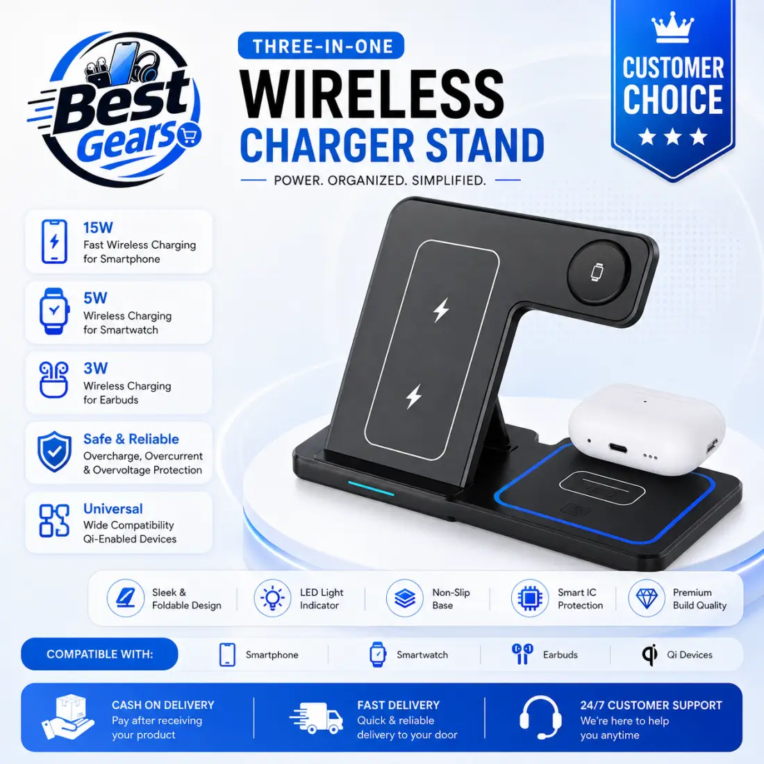 3-in-1 Wireless Charging Station – Fast Charging Stand for Phone, Smartwatch & Earbuds