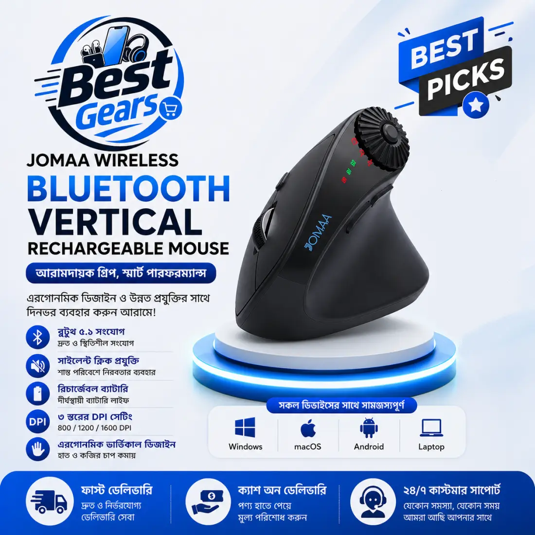 Jomaa Wireless Vertical Mouse – Smart Rechargeable Bluetooth Mouse for Modern Workstations