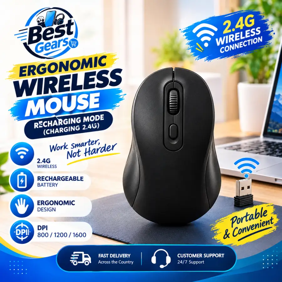 Rechargeable Ergonomic Wireless Mouse – 2.4GHz Black Computer Mouse for Daily Productivity