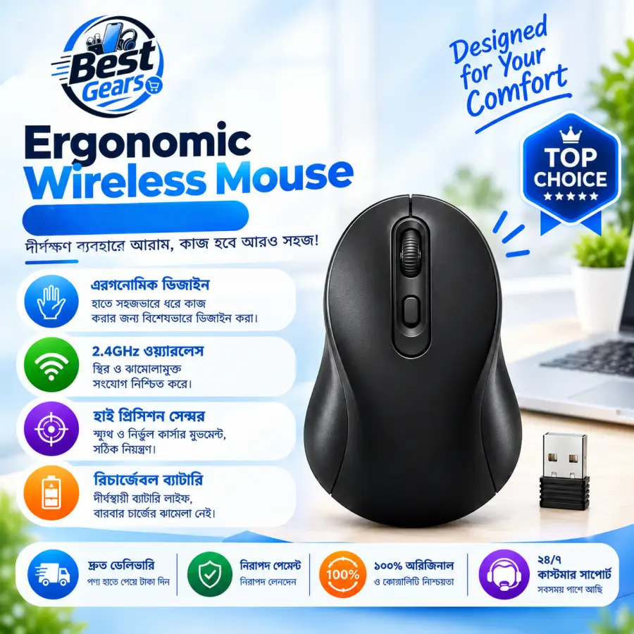 Ergonomic Wireless Battery Mouse – Comfortable Grip for Daily Computing